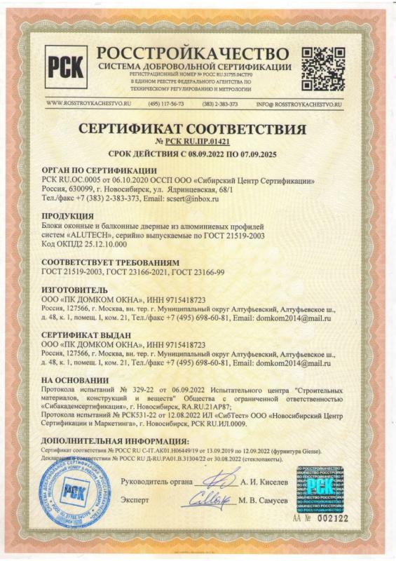 Cертификат №РСК RU.ПР.01421