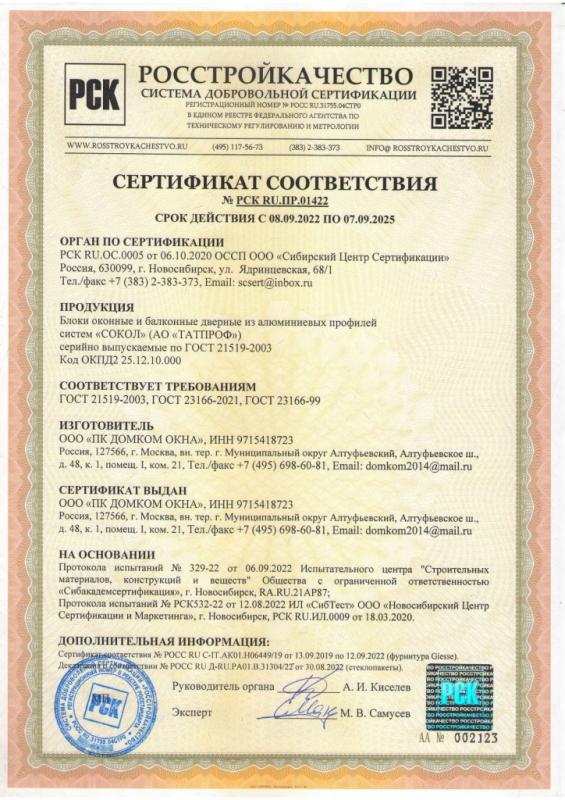 Сертификат №РСК RU.ПР.01422